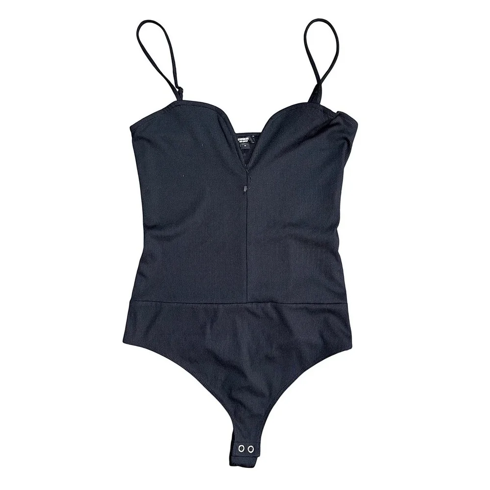 Express Body Contour Ribbed Sweetheart‎ V-Wire Bodysuit Black Medium NEW